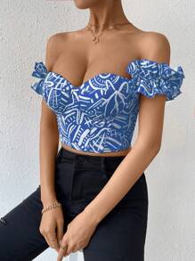 SHEIN Privé In Toàn bộ Lá sen tỉa Ren lên trở lại Áo sơ mi Crop - Màu xanh lam - Xem 3