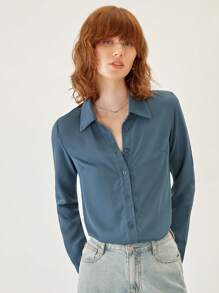 SHEIN BIZwear 素色前紐扣襯衫工作服 - 霧霾藍 - 查看 6