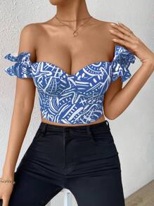 SHEIN Privé In Toàn bộ Lá sen tỉa Ren lên trở lại Áo sơ mi Crop - Màu xanh lam - Xem 6