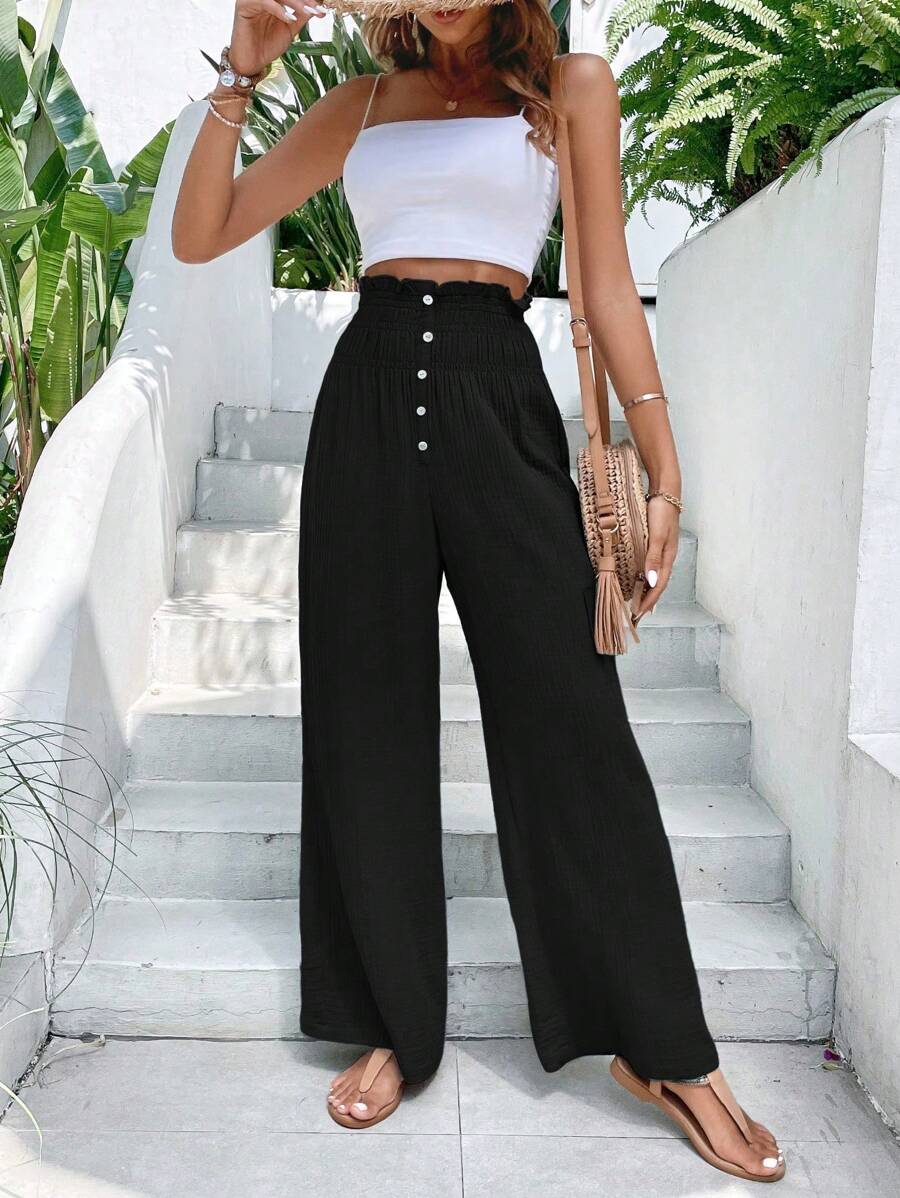 SHEIN LUNE 紙袋腰前紐扣闊腿褲 - 黑色 - 查看 1