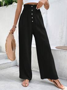 SHEIN LUNE 紙袋腰前紐扣闊腿褲 - 黑色 - 查看 4