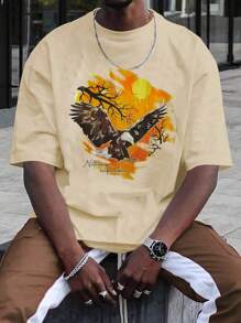 Manfinity Roghcode 男士鷹和標語圖案落肩T恤 - 米色 - 查看 1