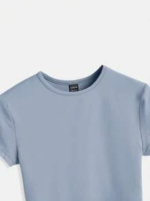 SHEIN BASICS Chất rắn Áo phông Crop - Màu xanh lam - Xem 3