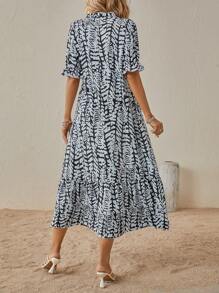 SHEIN LUNE 滿版印花泡泡袖荷葉邊娃娃裙 - 黑色 - 查看 2