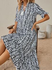 SHEIN LUNE 滿版印花泡泡袖荷葉邊娃娃裙 - 黑色 - 查看 3