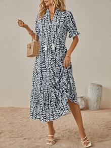 SHEIN LUNE 滿版印花泡泡袖荷葉邊娃娃裙 - 黑色 - 查看 4