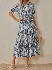 SHEIN LUNE 滿版印花泡泡袖荷葉邊娃娃裙 - 黑色 - 查看 5