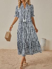 SHEIN LUNE 滿版印花泡泡袖荷葉邊娃娃裙 - 黑色 - 查看 6