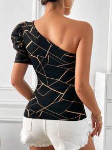 SHEIN Privé Camiseta con estampado geométrico de un hombro con abertura de manga farol - Multicolor - Ver 2