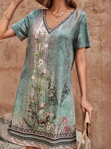 SHEIN LUNE Summer Color Block Floral Printed Short Sleeve Dress Mother Day Dress - Green - View 5