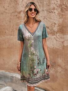 SHEIN LUNE Summer Color Block Floral Printed Short Sleeve Dress Mother Day Dress - Green - View 3