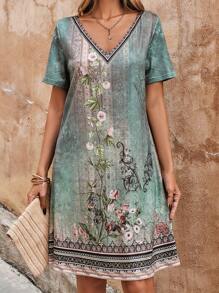 SHEIN LUNE Summer Color Block Floral Printed Short Sleeve Dress Mother Day Dress - Green - View 4