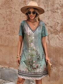 SHEIN LUNE Summer Color Block Floral Printed Short Sleeve Dress Mother Day Dress - Green - View 1