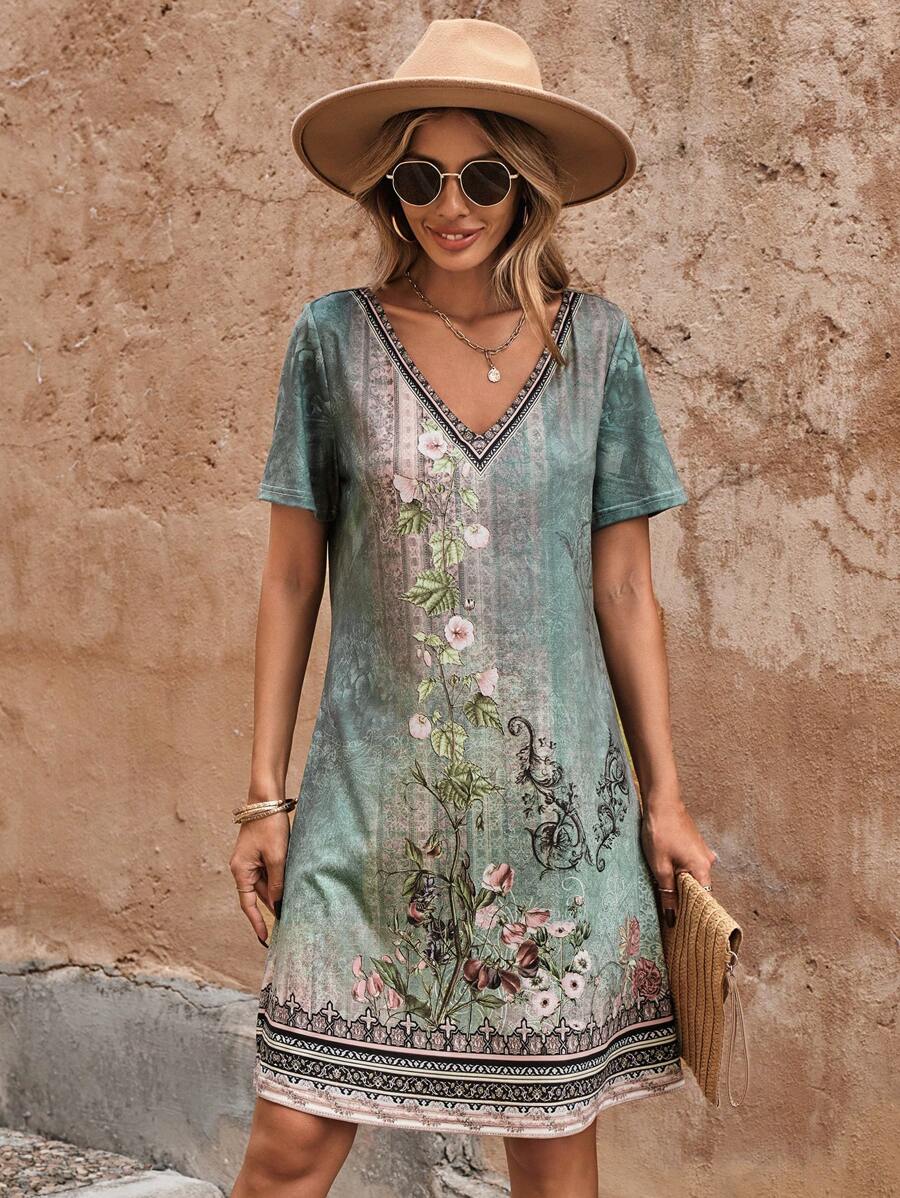 SHEIN LUNE Summer Color Block Floral Printed Short Sleeve Dress Mother Day Dress - Green - View 1