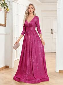 XUIBOL 深V領及地亮片連衣裙 - 玫紅色 - 查看 2