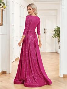 XUIBOL 深V領及地亮片連衣裙 - 玫紅色 - 查看 3