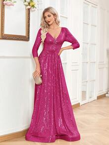 XUIBOL 深V領及地亮片連衣裙 - 玫紅色 - 查看 5