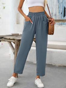 SHEIN VCAY 素色口袋細節直筒褲 - 藍色 - 查看 1