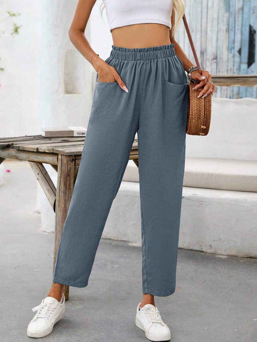 SHEIN VCAY 素色口袋細節直筒褲 - 藍色 - 查看 1