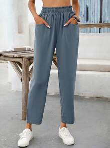 SHEIN VCAY 素色口袋細節直筒褲 - 藍色 - 查看 5