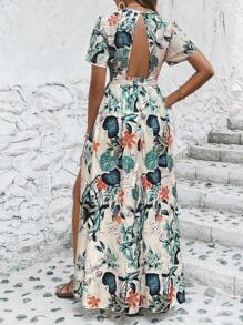 SHEIN VCAY 熱帶圖案深V領荷葉袖荷葉邊連身褲 - 彩色 - 查看 2