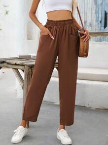 SHEIN VCAY Pantalones rectos unicolor con diseño con bolsillo - Café integral - Ver 1
