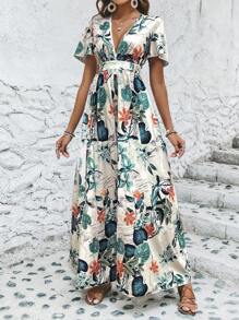 SHEIN VCAY 熱帶圖案深V領荷葉袖荷葉邊連身褲 - 彩色 - 查看 3