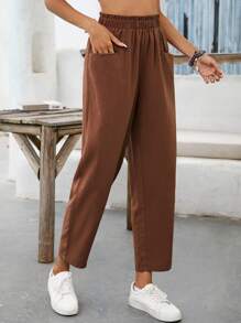 SHEIN VCAY Pantalones rectos unicolor con diseño con bolsillo - Café integral - Ver 3