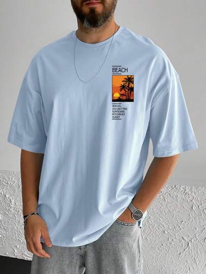 Männer T-Shirt mit Kokosnussbaum & Buchstabe Grafik,