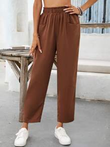 SHEIN VCAY Pantalones rectos unicolor con diseño con bolsillo - Café integral - Ver 5