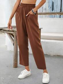 SHEIN VCAY Pantalones rectos unicolor con diseño con bolsillo - Café integral - Ver 6