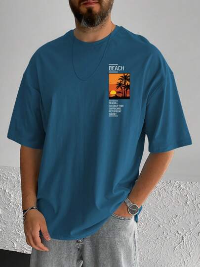 Hombres Camiseta de hombros caídos con estampado de slogan