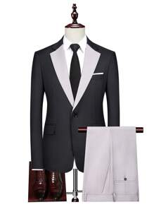 Manfinity Mode Men 1pc Lapel Neck Single Button Blazer & 1pc Suit Trousers - Multicolor - View 1