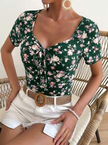 SHEIN VCAY 印花前打結T恤 - 綠色 - 查看 1