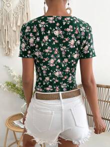 SHEIN VCAY 印花前打結T恤 - 綠色 - 查看 2