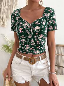 SHEIN VCAY 印花前打結T恤 - 綠色 - 查看 3