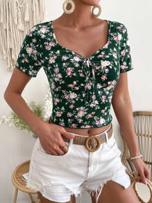 SHEIN VCAY 印花前打結T恤 - 綠色 - 查看 5