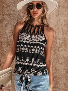 SHEIN LUNE 幾何印花鏤空前繫帶掛脖上衣 - 黑色 - 查看 3