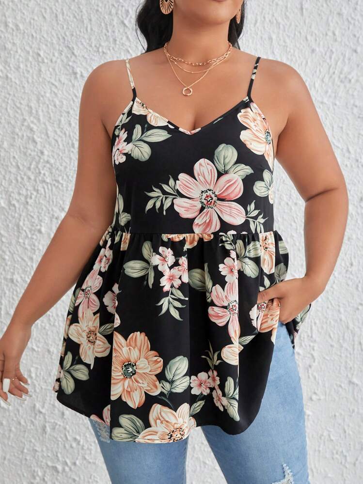 SHEIN LUNE Plus Floral Print Peplum Cami Top - Black - View 1