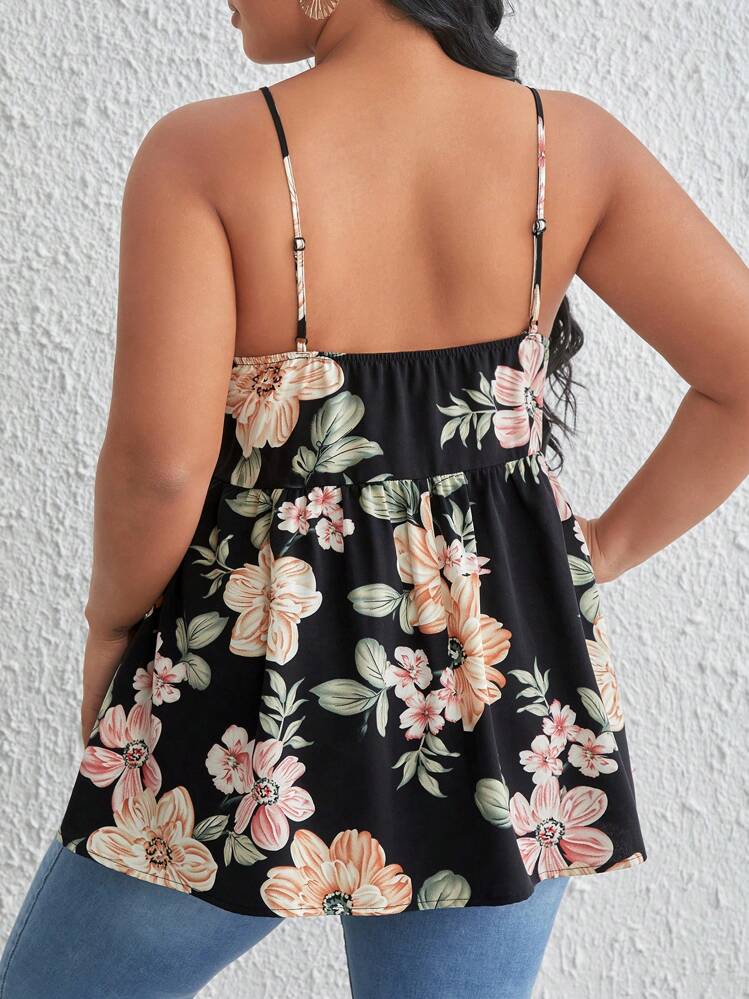 SHEIN LUNE Plus Floral Print Peplum Cami Top - Black - View 2