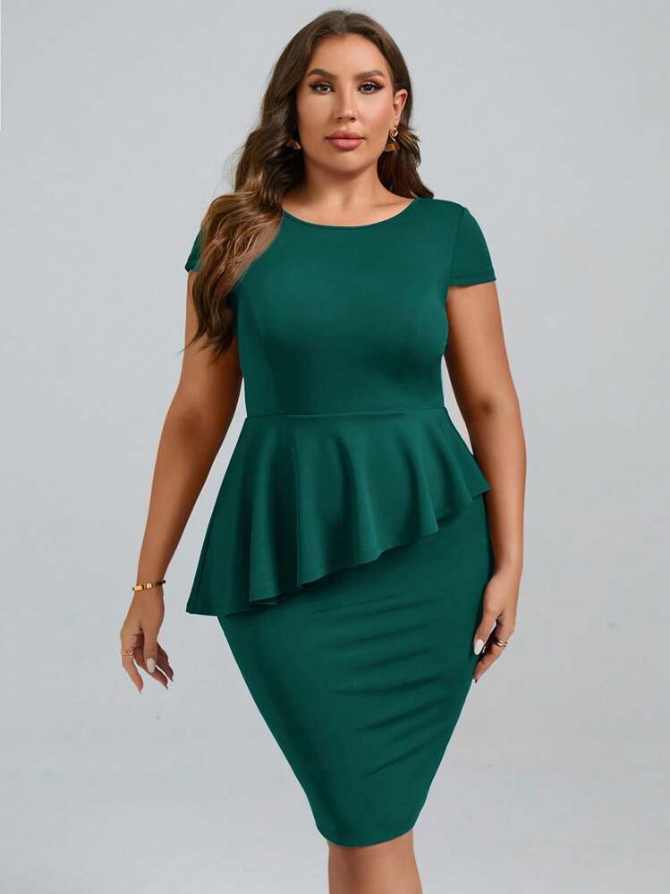SHEIN LUNE Bộ thời trang Plus Size Viên lá sen Nút màu trơn Thanh lịch - Màu xanh lá cây đậm - Xem 1