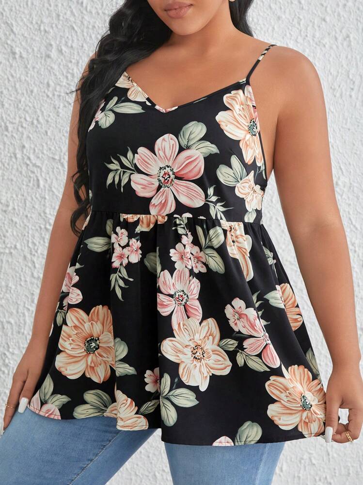 SHEIN LUNE Plus Floral Print Peplum Cami Top - Black - View 4