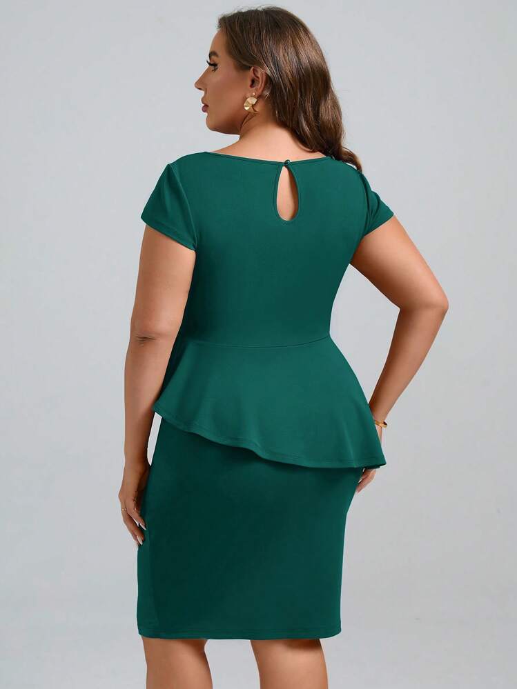 SHEIN LUNE Bộ thời trang Plus Size Viên lá sen Nút màu trơn Thanh lịch - Màu xanh lá cây đậm - Xem 2