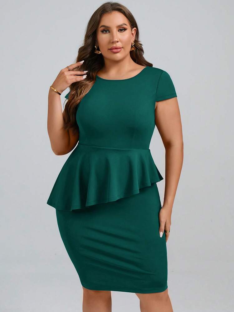 SHEIN LUNE Talla grande Top peplum unicolor & Falda de lápiz - Verde Oscuro - Añade 3