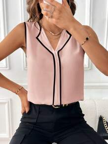 SHEIN Privé Contrast Binding Sleeveless Blouse,Sleeveless Tops - Coral Pink - View 3