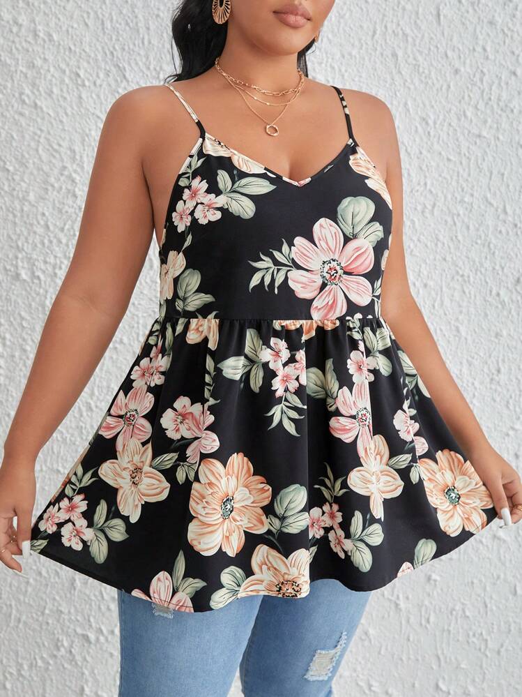 SHEIN LUNE Plus Floral Print Peplum Cami Top - Black - View 5