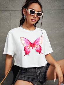 Marina Oliveira 蝴蝶圖案落肩袖短款T恤 - 白色 - 查看 1