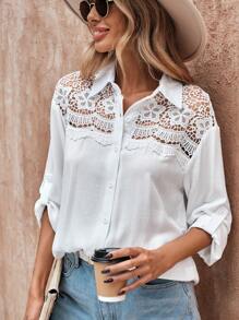 SHEIN LUNE Contrast Lace Roll Tab Sleeve Shirt - White - View 1