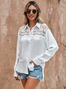 SHEIN LUNE Contrast Lace Roll Tab Sleeve Shirt - White - View 3