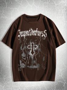 ROMWE MEN Goth Men Cross & Letter Graphic Tee - Chocolate Brown - View 1